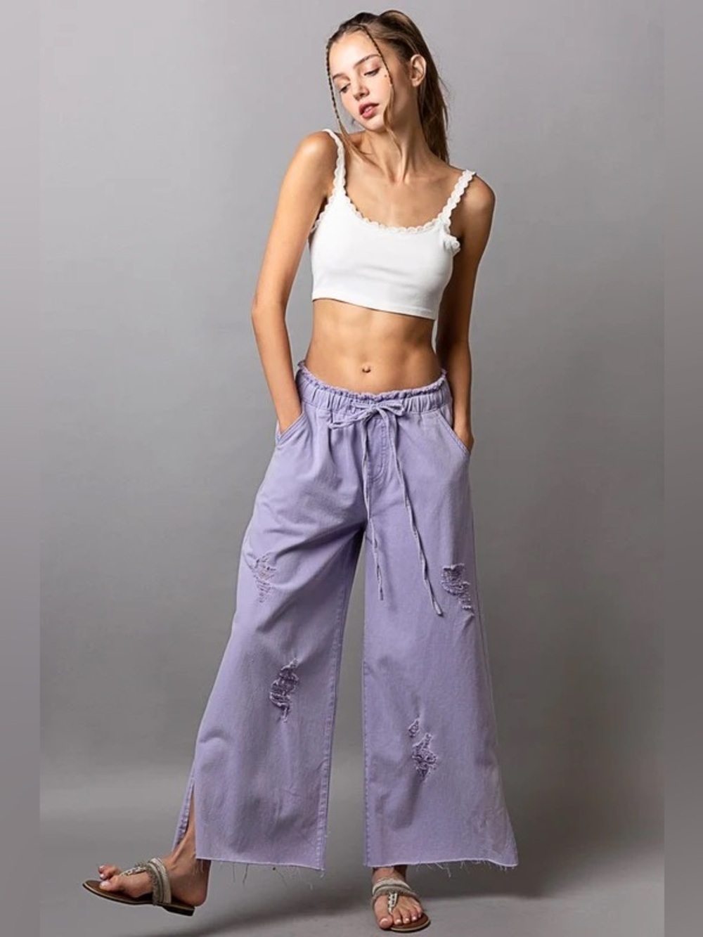 New POL Women’s Lavender Wide-Leg Distressed Drawstring Pants Size Small SAMPLE